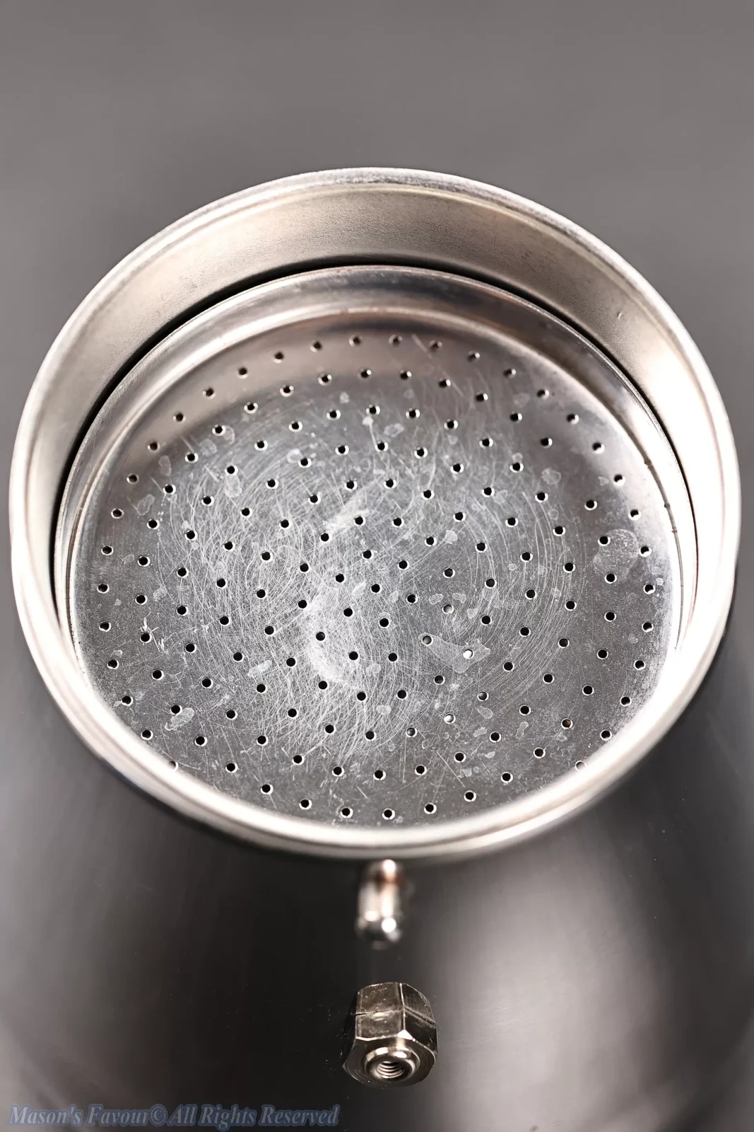 Giannini Restyling Moka Pot 6 Cups - Bottom Pot Part, Filter Basket, Detachable Filter Plate, Assembled 2, wherein the Filter Plate is set for Large Capacity for Coffee