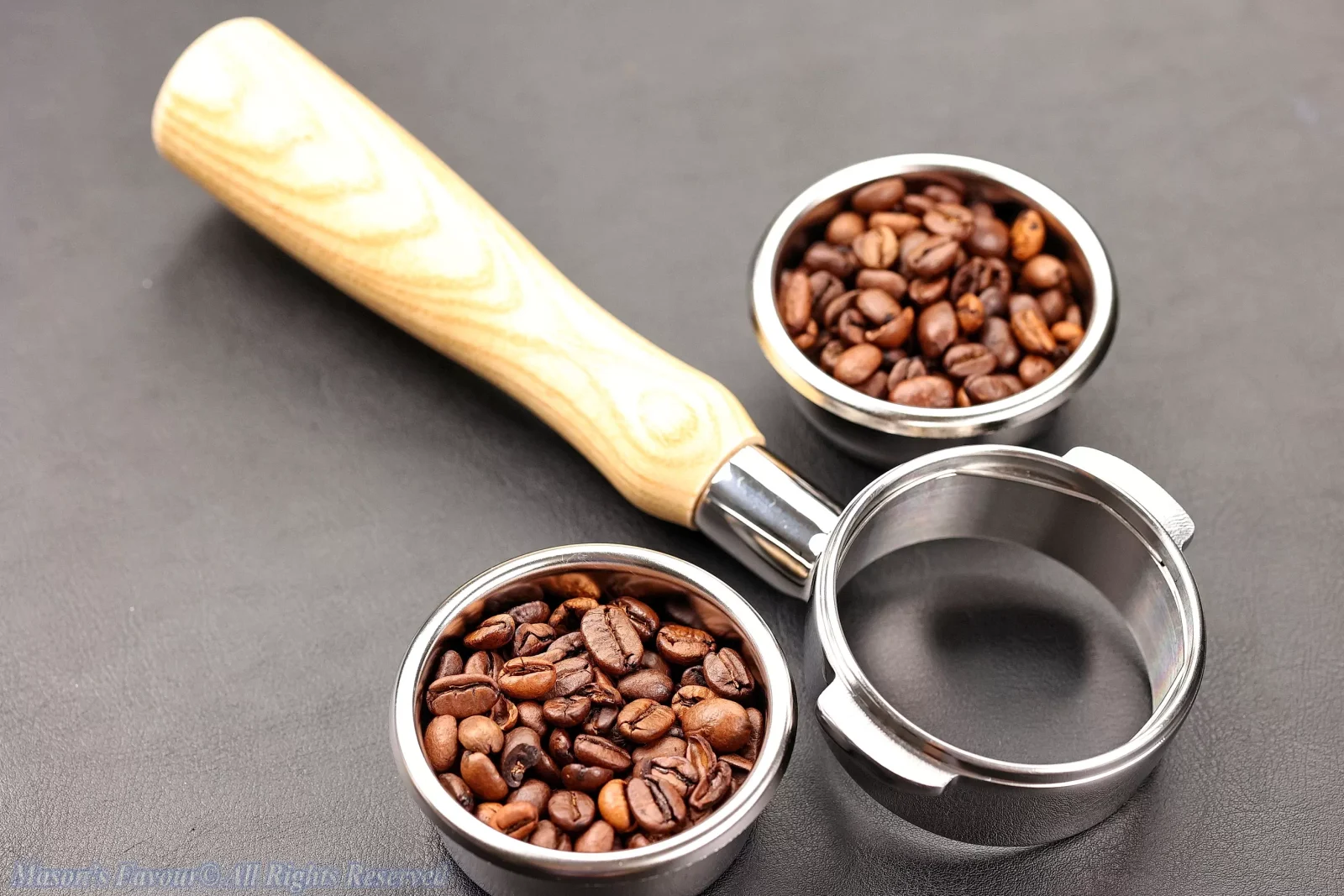 IMS Espresso Portafilter Basket - Flat Basket (B702TFH28), Portafilter Handle, with Coffee Beans, Perspective View 1