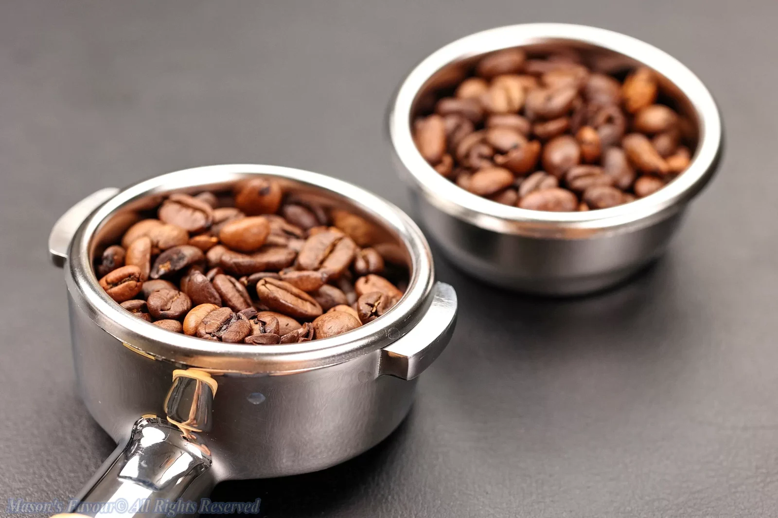 IMS Espresso Portafilter Basket - Flat Basket (B702TFH28), Portafilter Handle, with Coffee Beans, Perspective View 2