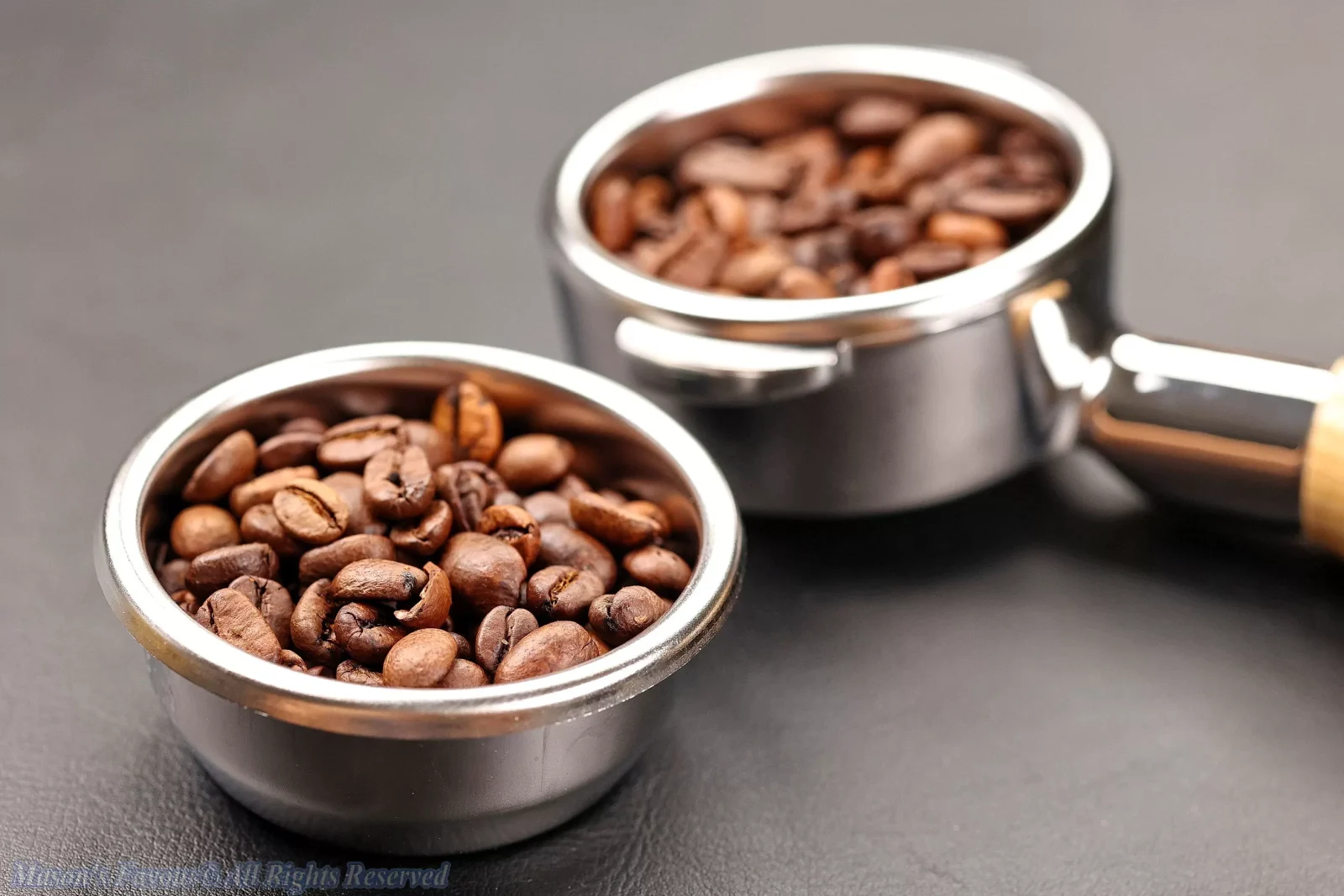 IMS Espresso Portafilter Basket - Flat Basket (B702TFH28), Portafilter Handle, with Coffee Beans, Perspective View 3