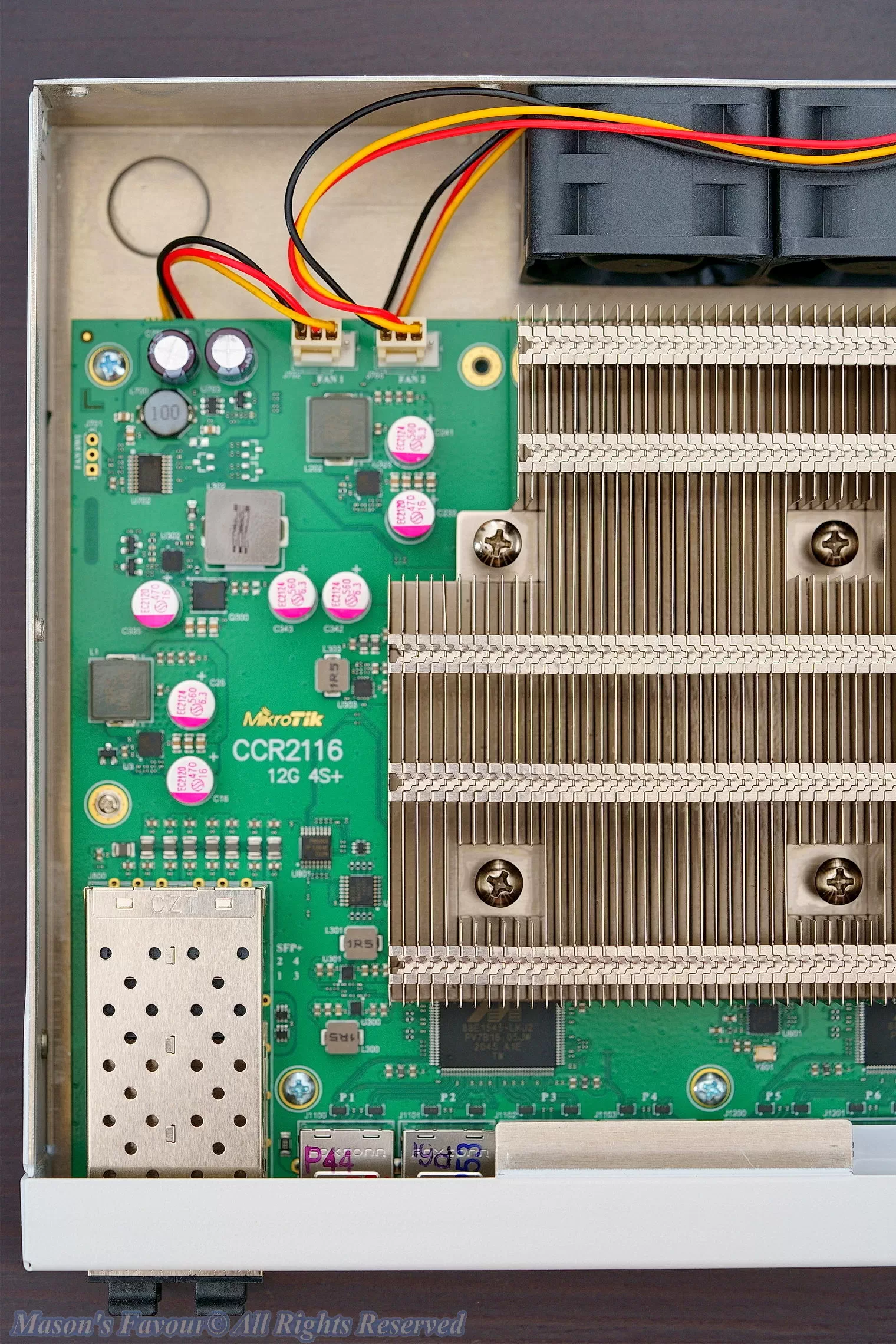 MikroTik CCR2116, Teardown, SFP+ Shells, Capacitors, Heatsink, and Fans, Top