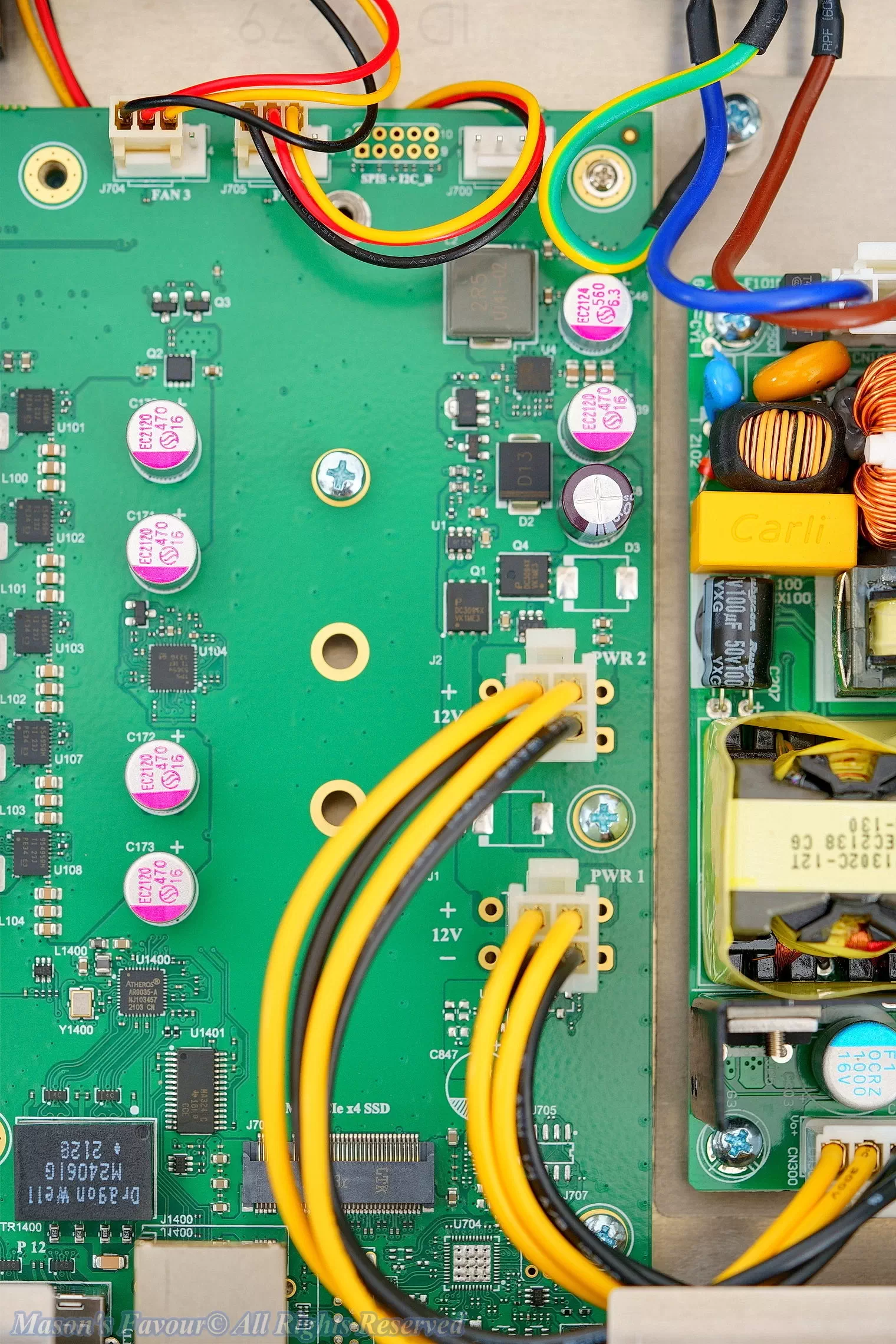 MikroTik CCR2116, Teardown, Power cables and Capacitors on the Right Side of the PCB, PSU, Top