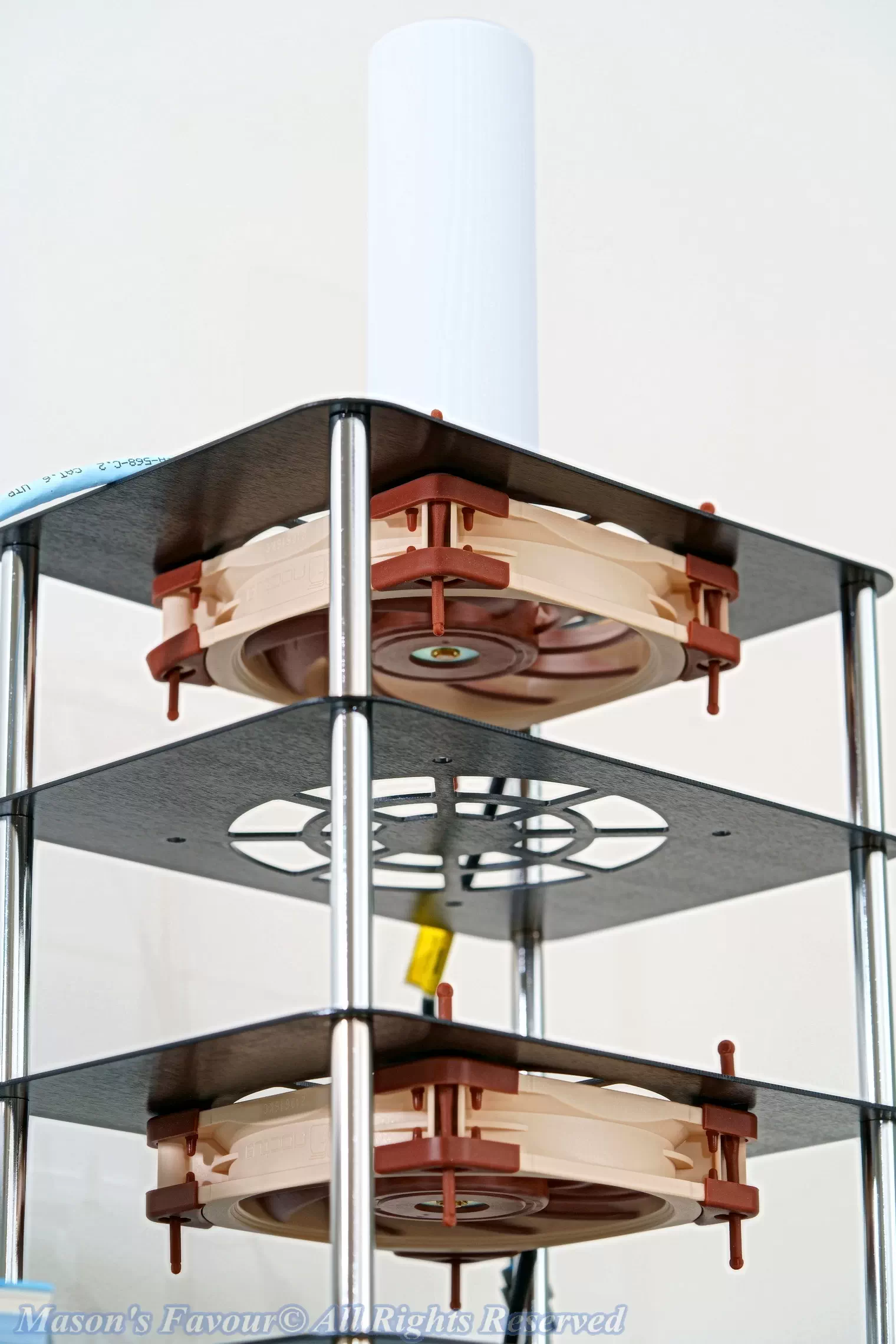 Noctua A12X25 5V PWM - Fans installed on Four-layer Router Bracket on which UniFi U6-Mesh is set, Perspective 2